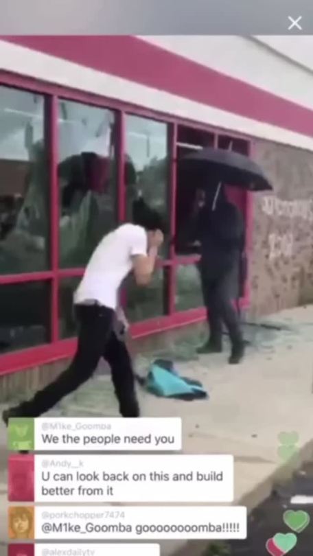 stonedaspuck:IMPORTANTThe mainstream media will tell you that protestors were not peaceful & that they are the aggressors and inciting violence. The protest was peaceful until this man started smashing windows. This is 2 videos combined. The first