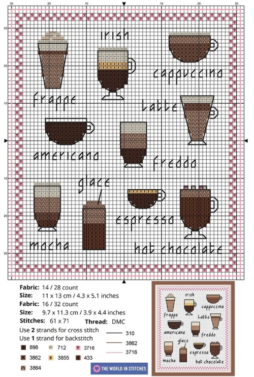 Here’s a coffees cross stitch chart to go with the previous pastries.