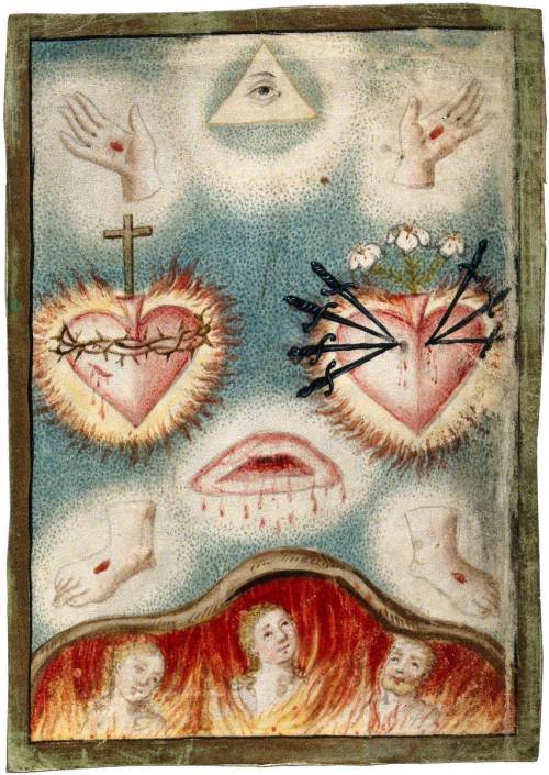 centuriespast:Souls in Purgatory, Looking Up at the Wounds of Christ and at the Sacred Heart and the