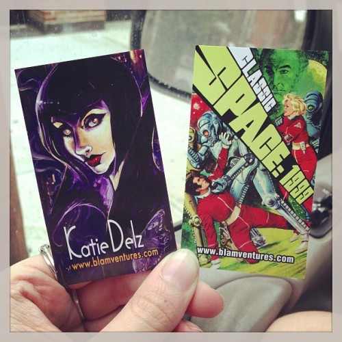 Katie&rsquo;s business card (drawn by me) and Drew&rsquo;s business card (Gray Morrow)