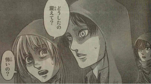 Shingeki no Kyojin Chapter 73 Spoilers!Japanese dialogue summary & upcoming translation beneath the Read More:TITLE: The Street/Town Where Things BeganThere are no titans the whole way to Shiganshina, and Eren is in preparation for plugging the wall.