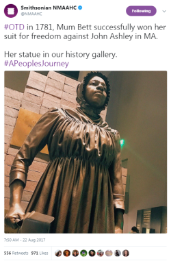 laughingfish: iron-sunrise:  blackness-by-your-side: Mum Bett (Elizabeth Freeman) was the first slave to file win freedom suit in Massachusetts court. It happened in 1781 and led to the end of slavery in Massachusetts.Just think. One brave black woman