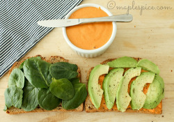 vegan-yums:  Pan-grilled Avocado, Baby Spinach and Basil with Roasted Red Pepper Mayo / Recipe.  