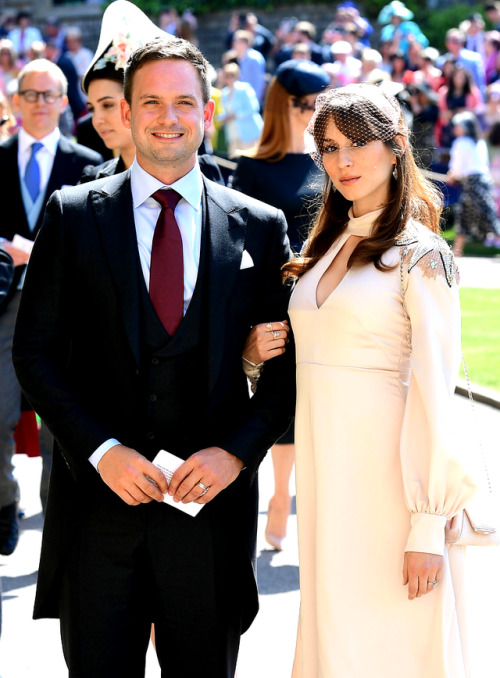 ilovetvshowscharacters: Patrick J. Adams and Troian Bellisario arrive at the wedding of Prince Harry