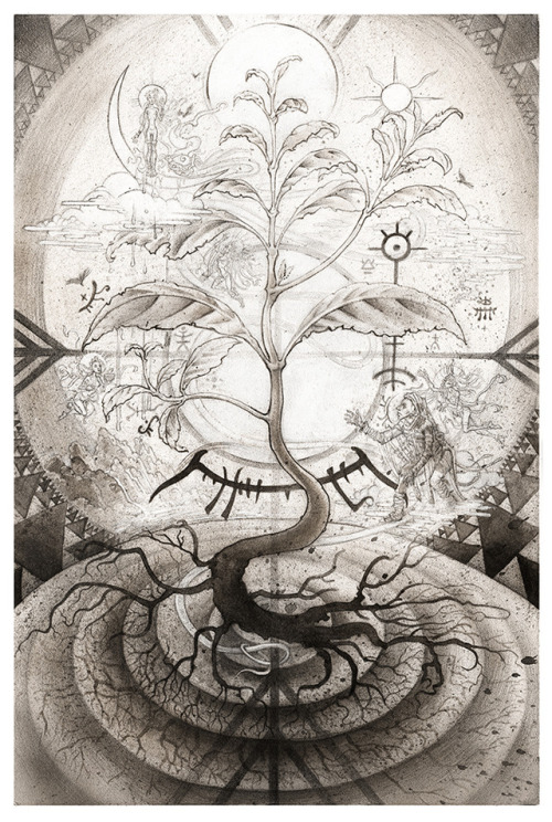 limbicsplitter:“Tree of Knowledge”Pencil, watercolor, acrylic paint.  At the heart of this illustrat