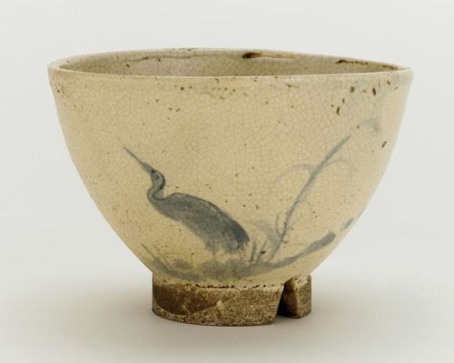 Odo ware tea bowl with design of heron and reeds18th-19th century, Edo periodStoneware with cobalt p