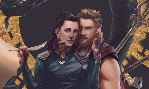 Cropped preview of a commission I did for a Thorki fanbook cover. Full version will be posted once t