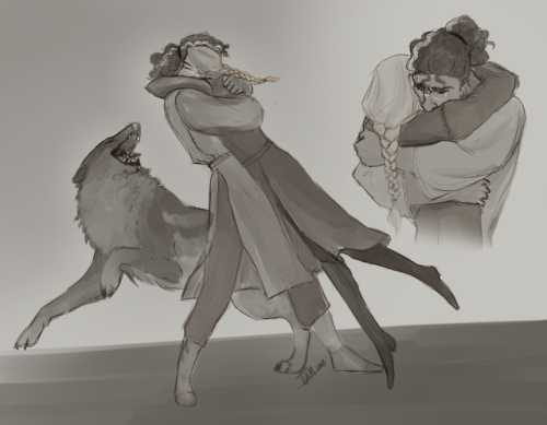 tamthingdraws:In one step I caught him up. I enfolded him in my arms as the wolf gamboled about us l