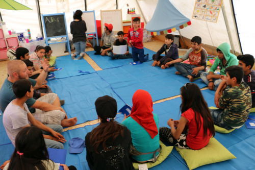 An NGO from Switzerland has built a school for children in the camp to teach English language.