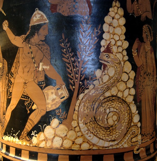 lionofchaeronea:Cadmus battles a dragon on the future site of Thebes.  Side A of a red-figure calyx-