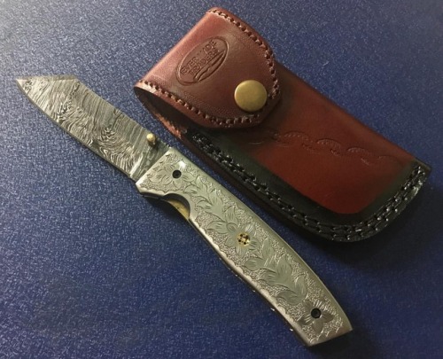 #Handmade #damascus #folding #knife for #sale #with #leather #sheathPm me or comment below for more 