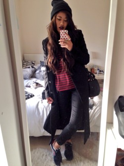 idressmyselff:  Today.  Coat - h&amp;m Trousers - topshop Shoes - new balance Bag- alexander wang Top - zara Beanie - lost apparel Phone case - CDG Lipstick - plumful by smashbox