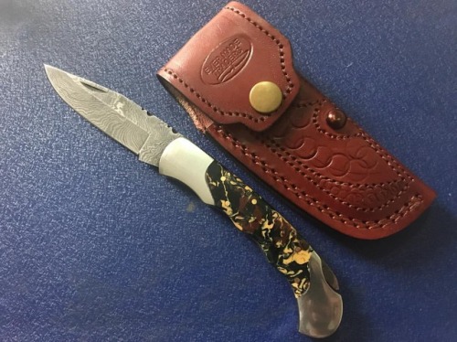 #Handmade #damascus #folding #knife for #sale #with #leather #sheathPm me or comment below for more 