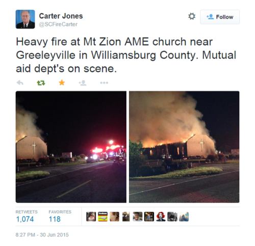 generalbriefing:  smidgetz:  entropybegets:  6/30/15  Mt. Zion AME church on fire in South Carolina  This makes 8 black southern churches to have had mysterious fires in the past week.  I am so angry & embarrassed for my nation to allow this racist