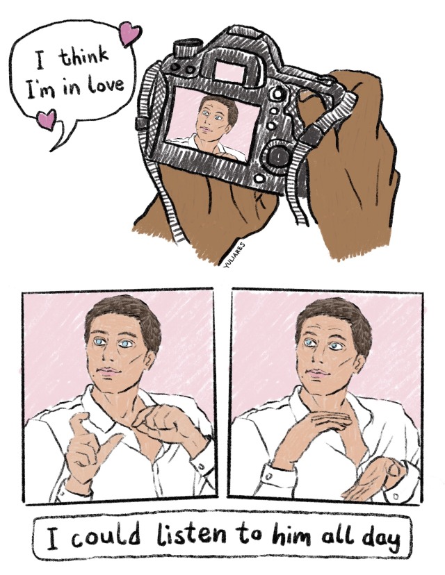 Comic panel 1: Hands hold a camera, looking at a photo of a man in the viewfinder. Next to it, text says “I think I’m in love.” Comic panel 2: A close-up picture of the man (Nicky) in the viewfinder. He wears a button up shirt, and is gesturing with his hands. Comic panel 3: Another close-up of Nicky, eyebrows raised, hands indicating something larger. Underneath, text says “I could listen to him all day”