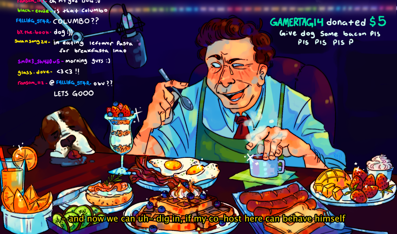 columbo as a mukbang streamer he has an on-running joke where he shows the food he’s going to eat and then says “one more thing” before he pulls out whatever sauce he’s gonna have with the food and the chat goes insane every time #columbo#columbo fanart#peter falk#digital art#illustration#mukbang#food art #fuck it man i dont know. like and rb or whatever i worked hard rendering all that food #twizz scribs#food