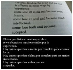 El área que divide el cerebro y el alma se ve afectada en muchos sentidos por la experiencia. Hay quienes pierden la mente por completo para ser alma: locos. Hay quienes pierden el alma por completo para ser mente: intelectuales. Hay quienes pierden