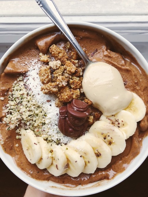 aspoonfuloflissi: Today‘s breakfast: protein chocolate nice cream topped with banana, white mulberri