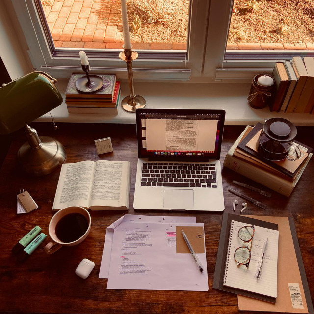 study with me - desk inspo with MacBook Pro notes pens and coffee and law books to get motivation in a dark academia vibe desk 