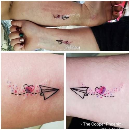 <p>A pair of best friends tattoos from today.   Thank you for coming in today Jamie and Crimson! <br/>
.<br/>
#ladytattooer #thephoenix #copperphoenix #shelbyvilleindiana #indianapolistattoo #indylocal #do317 #indytattoo #circlecity #waverlycolorco #industryinks #yournewfavoriteink #paperairplane #paperairplanetattoo #tinytattoos #tinytattoo #bestfriends #bestfriendtattoos  (at Shelbyville, Indiana)<br/>
<a href="https://www.instagram.com/p/CI_f0YWrb6Q/?igshid=usmod88jagal">https://www.instagram.com/p/CI_f0YWrb6Q/?igshid=usmod88jagal</a></p>