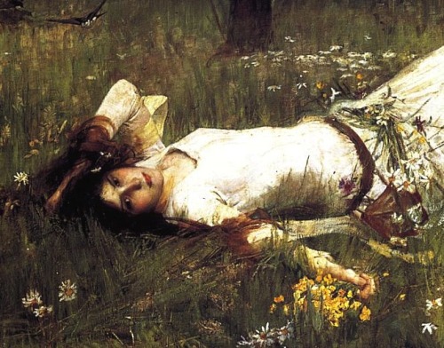 femalebeautyinart:Detail of Ophelia by John William Waterhouse, 1889