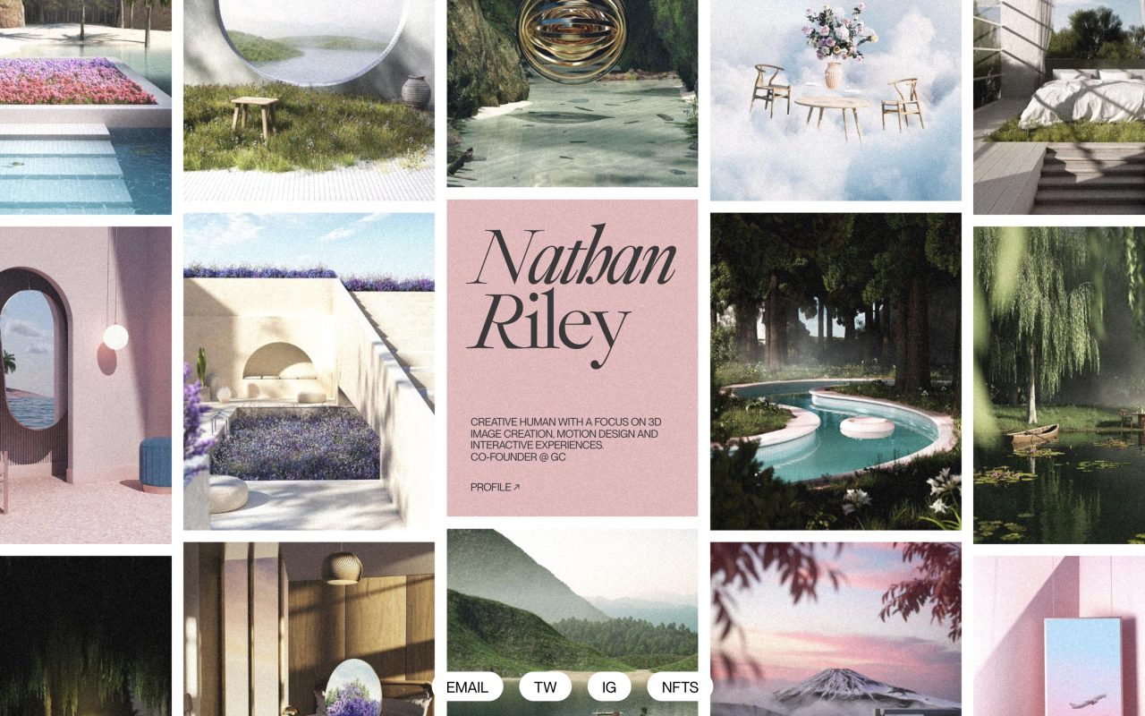 https://www.nrly.co #Nathan Riley#design#stduio#designer#3D image#motion design#interactive experience#gallery#typography#type#typeface#font#Epicene Display#Neue Montreal#2022#Week 04#website#web design#inspire#inspiration#happywebdesign