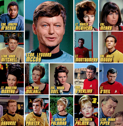Joseph M'Benga - ?Commander? - Physician - Sciences - 2268 - 2 episodes
Leonard McCoy - Lieutenant Commander - Chief Medical Officer - Sciences - 2266-2269 - 75 episodes
Marla McGivers - Lieutenant - Historian - Operations - Left Enterprise 2267 - 1 episode
Mears - Enlisted - Yeoman - Operations - 2267 - 1 episode
Gary Mitchell - Lieutenant Commander - Helmsman - Operations - Died 2265 - 1 episode
Montgomery - Lieutenant - Security Officer - Operations - 2267-2268 - 2 episodes
Wade Moody - Enlisted - ??? - Command - 2266-2268 - 2 episodes
Marlena Moreau - Lieutenant - Chemist - Sciences - 2267 - 1 episode
Ann Mulhall - Lieutenant Commander - Astrobiologist - Operations - 2268 - 1 episode
Helen Noel - Enlisted - Psychiatrist - Sciences 2265-2266 - 1 episode
O'Herlihy - Ensign - Ordnance Officer - Operations - Died 2267 - 1 episode
O'Neil - Lieutenant - Transporter Chief - Operations - 2267-2268 - 2 episodes
Osborne - Lieutenant - Navigator/Security Officer - Command/Operations - 2267 - 3 episodes
Rick Painter - Lieutenant - Navigator - Command - 2267 - 1 episode
Carolyn Palamas - Lieutenant - Archaeology/Anthropology - Sciences - 2267 - 1 episode
Elizabeth Palmer - Lieutenant - Communications Officer - Operations- 2267-2269 - 2 episodes
Mark Piper - ?Lieutenant Commander? - Chief Medical Officer - Sciences - 2265 - 1 episode