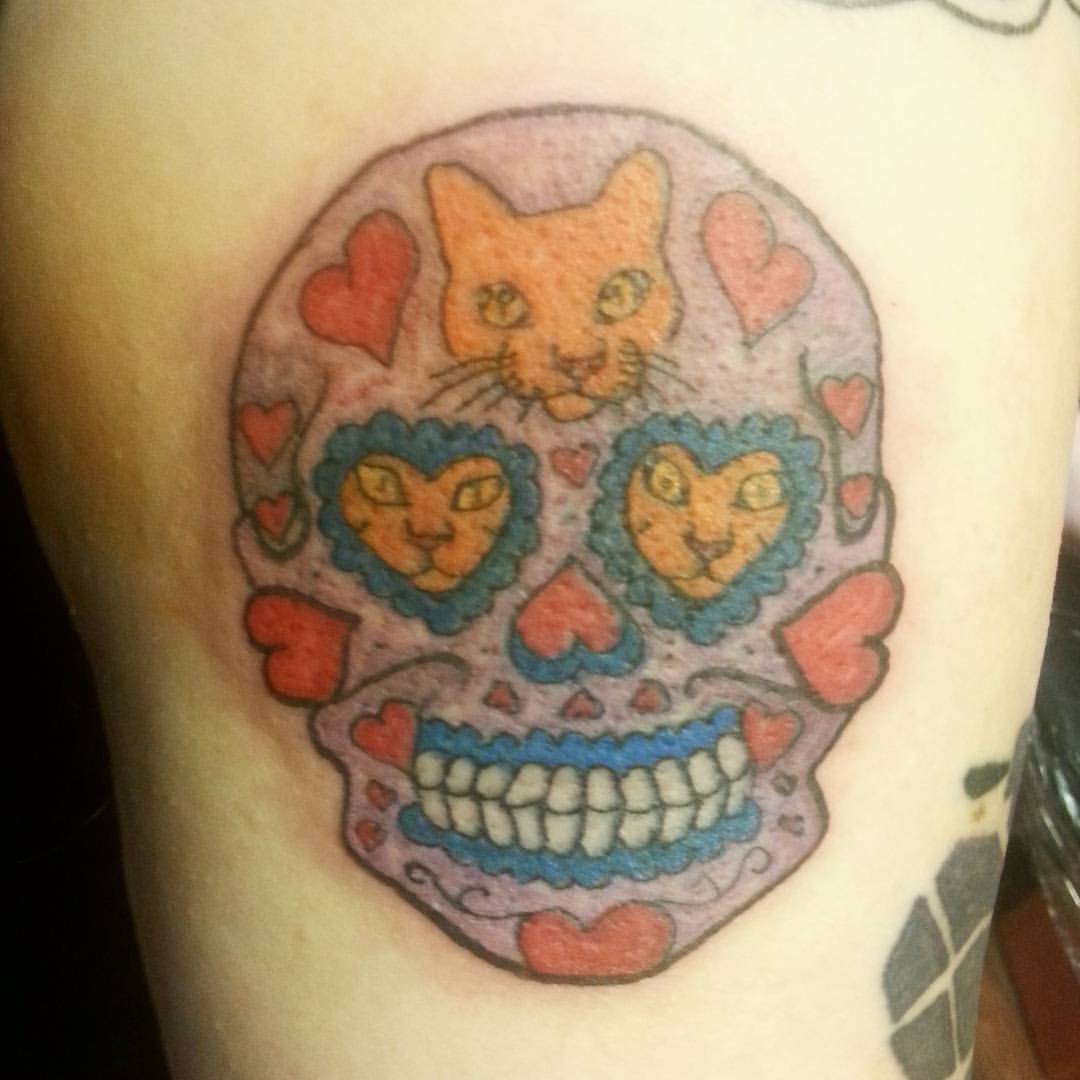 Day of the dead with orange cat! Cats faeva. #tattoo #ink #arcaneink #rubyred #perfectblue
