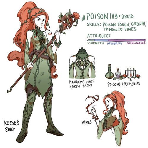 kelseyeng:Gotham Girls RPG redesign for fun :) They actually make a very well-balanced team! I was originally going to do them all as knights but then saw Mindy Lee’s Poison Ivy Druid and got inspired. www.instagram.com/kelseyeng32