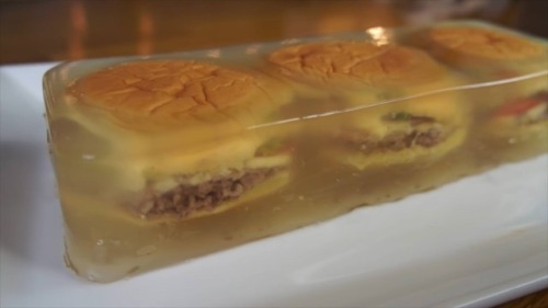 pastweeks: theshittyfoodblog: Cheeseburger aspic this may or may not be the one emmy made but during
