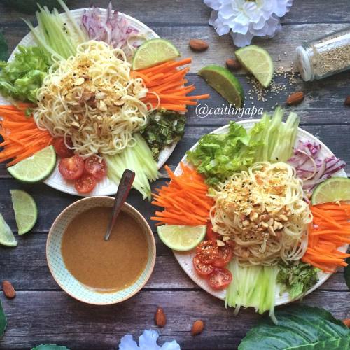 Cold Noodle Salad with Spicy Ginger Almond Sauce . Ingredients @caitlinjapa