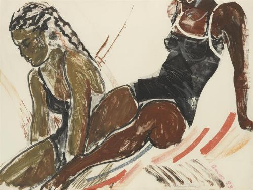 thunderstruck9:Emma Amos (American, 1938-2020), Slow Time, 1983. Color monotype, color pastels and s