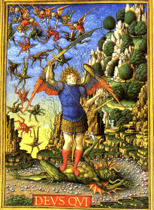 blackpaint20:Archangel Michael with the scales for souls. Giampietrino Birago  c.1475 British Librar