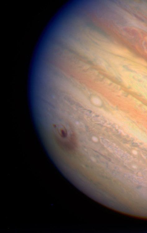 zerostatereflex:  Juipter and Shoemark-Levy 9 ImpactIn July of 1994, Comet Comet Shoemaker–Levy 9 impacted Jupiter traveling at 134,000 mph. :D (Source)“This true colour image of the giant planet Jupiter, by NASA and ESA’s Hubble Space Telescope,