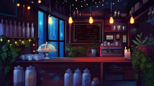 All of the backgrounds I made for my NaNoReNo game, Monster Café! Plus a few variations that weren’t