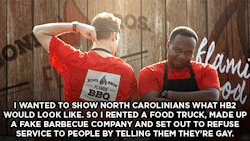 thedailyshow:Roy Wood, Jr. and Jordan Klepper set up a fake food truck to arbitrarily deny service in the name of North Carolina’s anti-LGBTQ HB2 law.