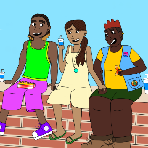 olliedollie1204:[id: a drawing of Jake Cool-Ice, Dani, and Aubrey Little sitting together on a brick