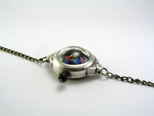 My latest piece, a necklace made in a small vintage wristwatch case. Inside is a tiny scene where a 