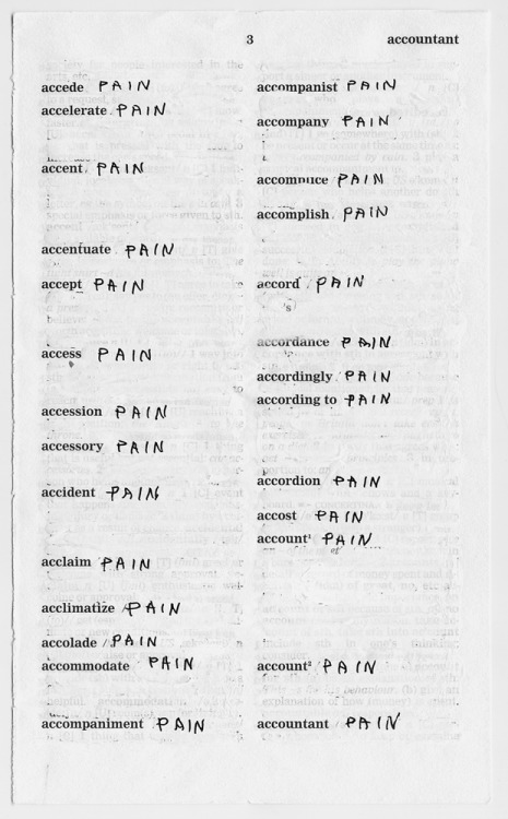 self-shadowing-prey:      Mladen Stilinović, Dictionary – Pain, 2000-2003  “When I say pain, questions are immediately raised: what pain, whose pain, wherefrom the pain, as if pain had to be explained, analyzed. There’s nothing to be explained….