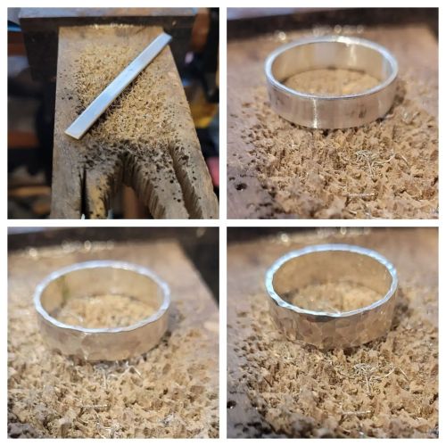 The stages of a hammered ring, it starts like as a strip of metal, then the ring is formed and sande