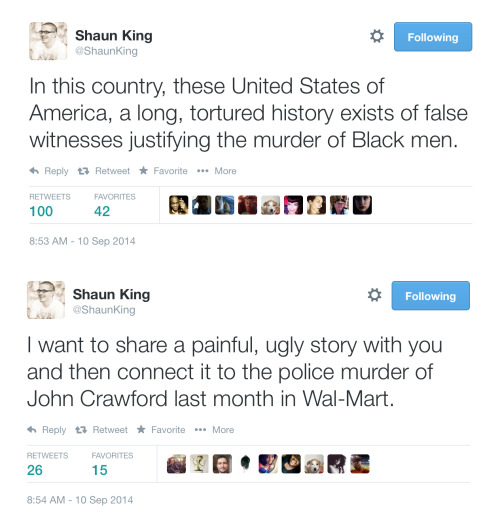 trilobiter:  poldberg:  While there is a lot of appropriate rage about Ferguson right now, the killing of John Crawford, III is getting less attention than it deserves. I put Shaun King’s tweets and history lesson on the matter in chronological order