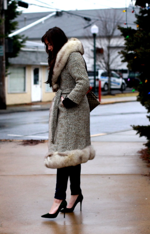 Vintage and stilettos  Fur and tweed vintage coat by Paramount Jeans by Gap Heals by Ralph Laur