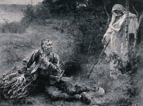 Death and the woodcutter - Reproduction of a wood engraving by Richard Bong after Léon-Augustin Lher