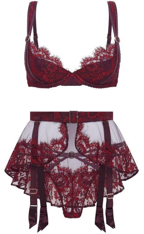 martysimone:Agent Provocateur | Delora • plunge bra + skirted suspender + thong in two tone Leavers lace + silk + crystal embellishments | Fall Winter 2021-22