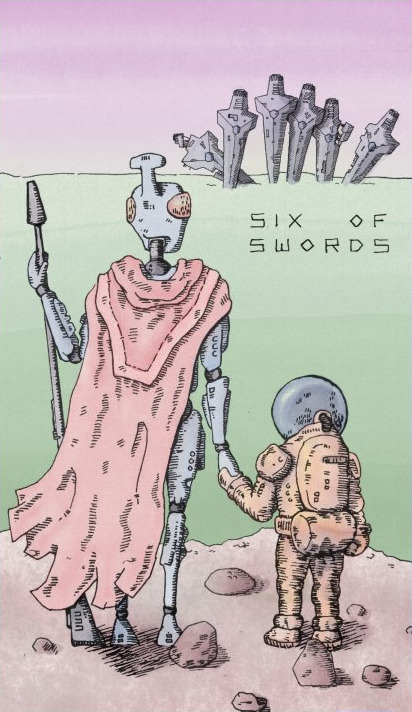 comparativetarot: Six of Swords. Art by Cephalopodunk, from The Alleyman’s Tarot. Six of Sword