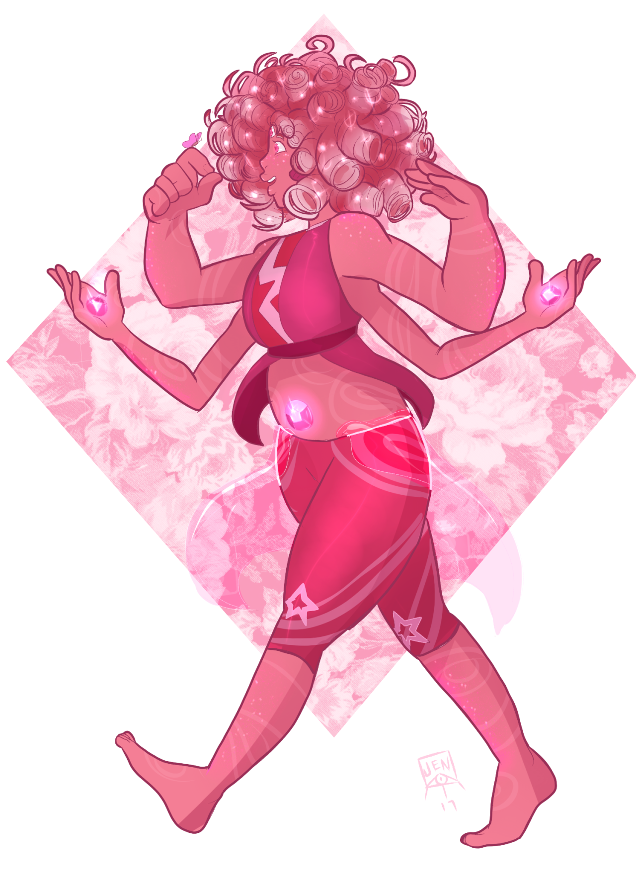 Strawberry Quartz, a fan fusion between Steven and Garnet made by @thighsformiles!!