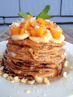 thespiritualvegan:  babytakeoffallyourarmor:  Whole wheat mango pancakes with coconut peanut butter and topped with banana, maple cinnamon vanilla caramelized mango, chopped macadamia nuts, shaved coconut, maple syrup and fresh mint!  OH MY GOODNESS  THIS