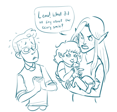 tazdelightful: [Comic transcript: Lup, an elf woman, is holding Lena, a half-elf toddler. Lena is ho