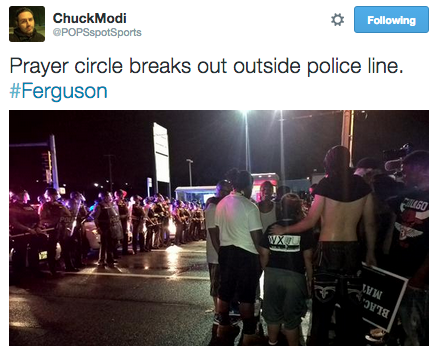revolutionarykoolaid:  Last Night in Ferguson (8/10/15): In a word, chaos. Shots rang out sometime after 11. Police claim that they were gang-related. A plainclothes officer shot and critically injured 18-year old Tyrone Harris, a friend of Mike Brown’s.