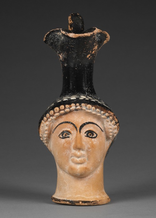 ancientpeoples: Attic Greek vase in the form of a woman’s head (oinochoe, used to hold oil) Ma